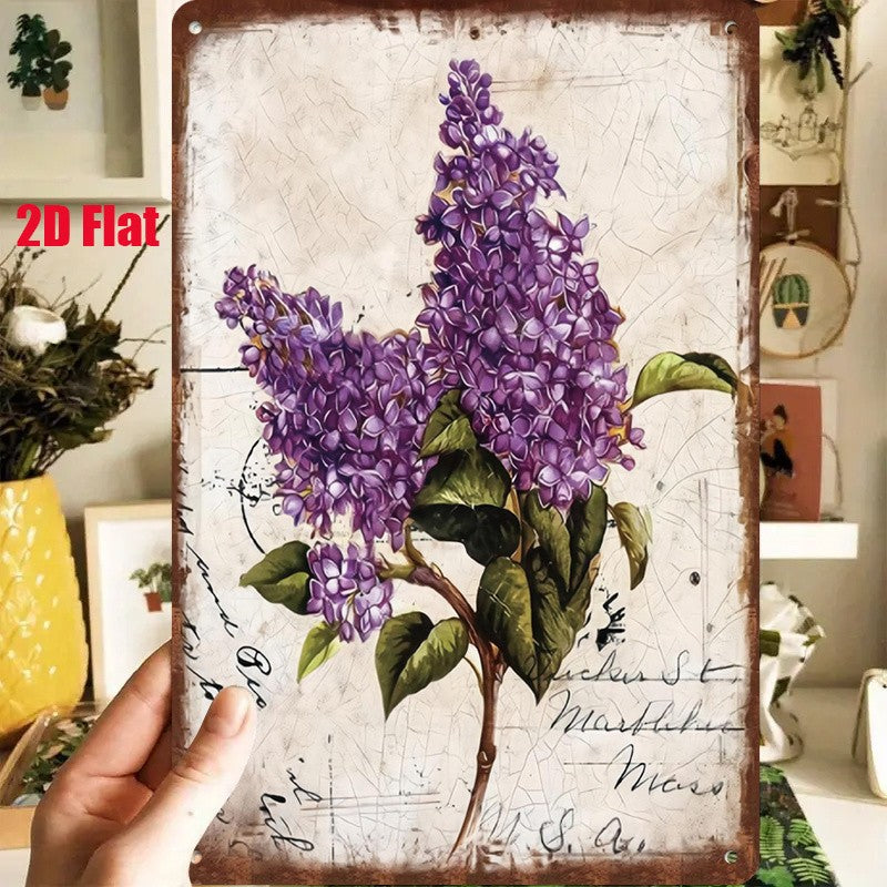 Rustic Floral Tin Sign - Purple Lilac Flower Metal Poster Wall Art Decor