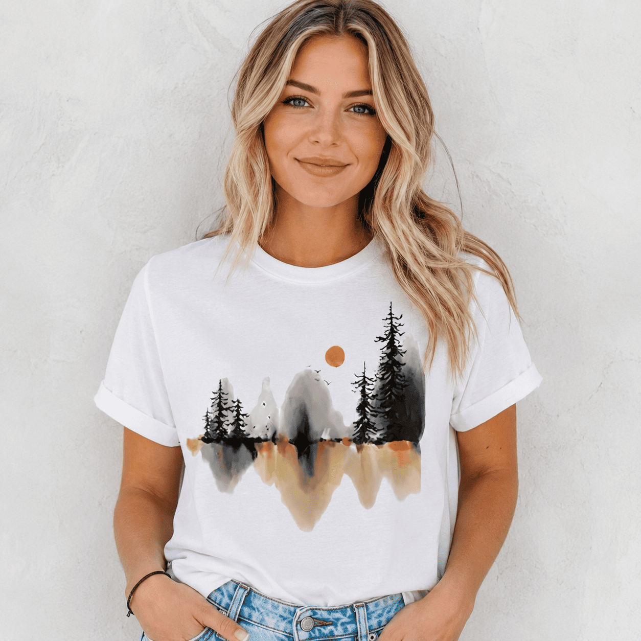 Mountain Lake Reflection T-Shirt | Artistic Nature Watercolor Graphic Tee