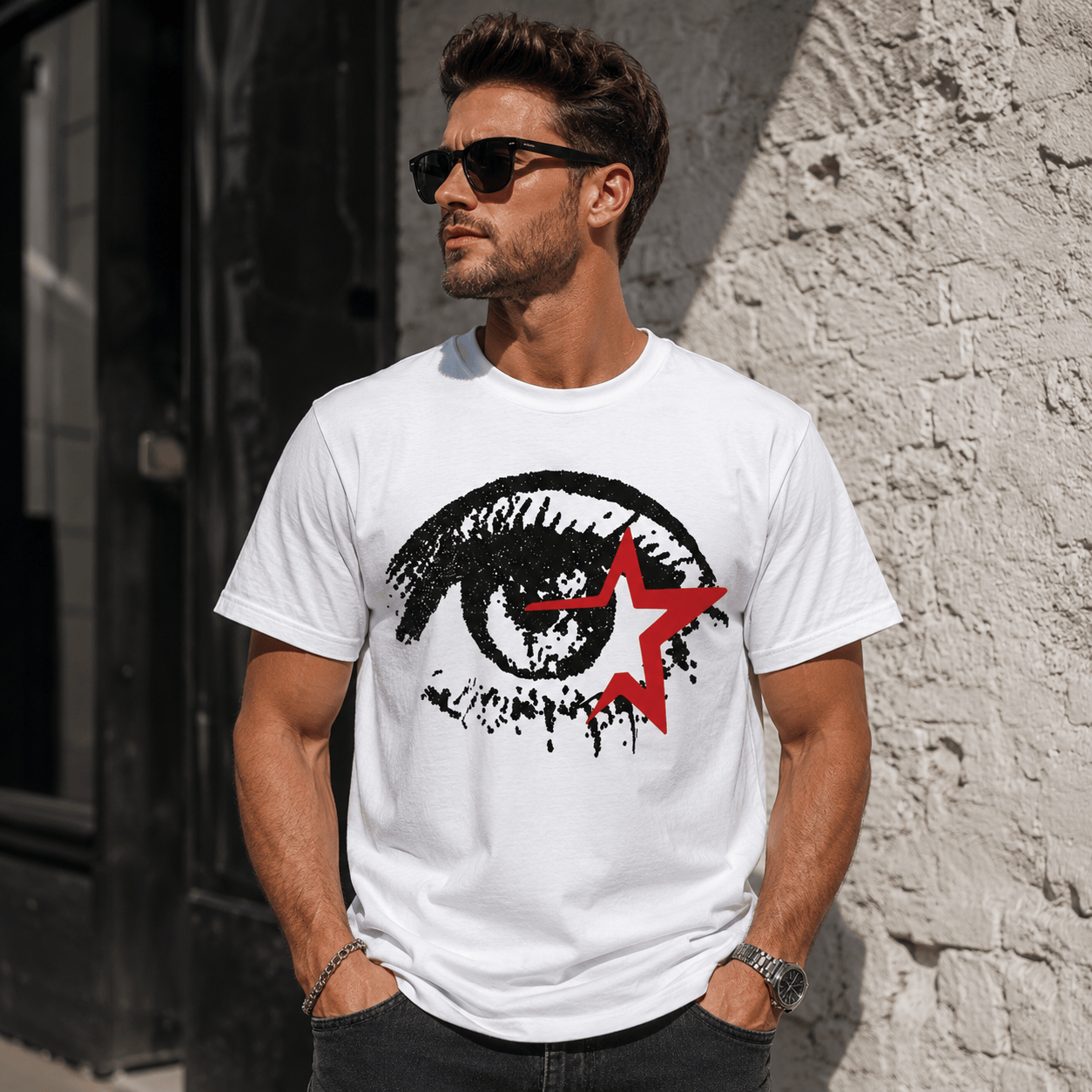 Stargazer Eye Graphic Tee - Distressed Avant-Garde Streetwear T-Shirt