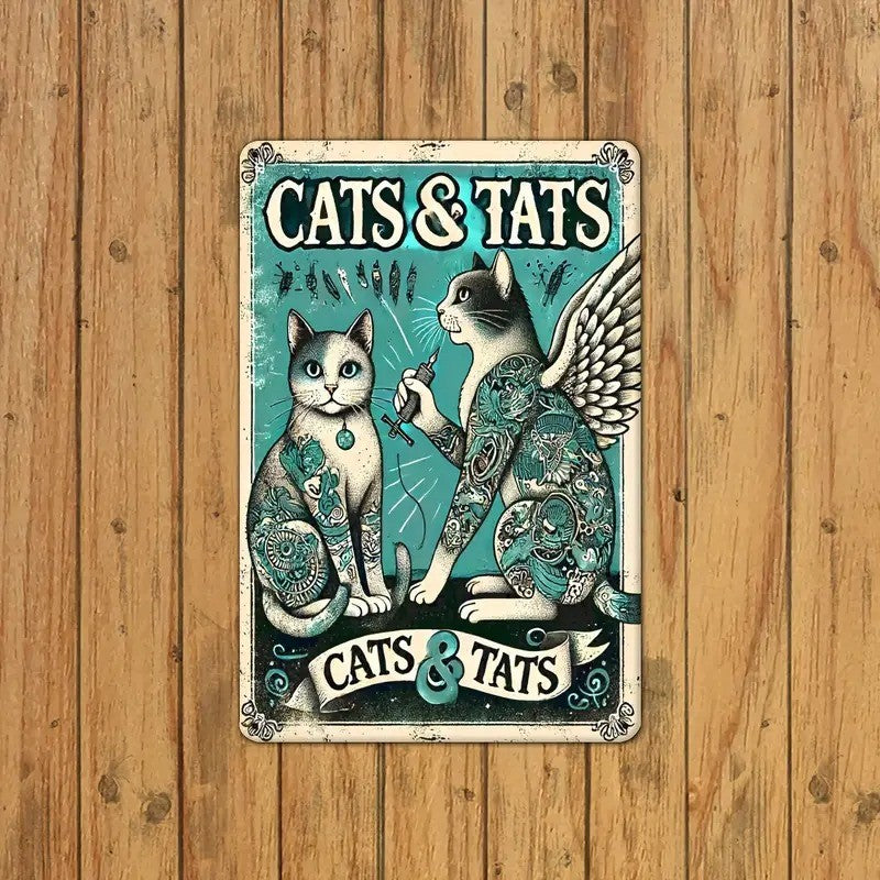 Rustic Vintage Cats and Tats Metal Sign Retro Tattoo Parlor Art Kitty Wall Decor