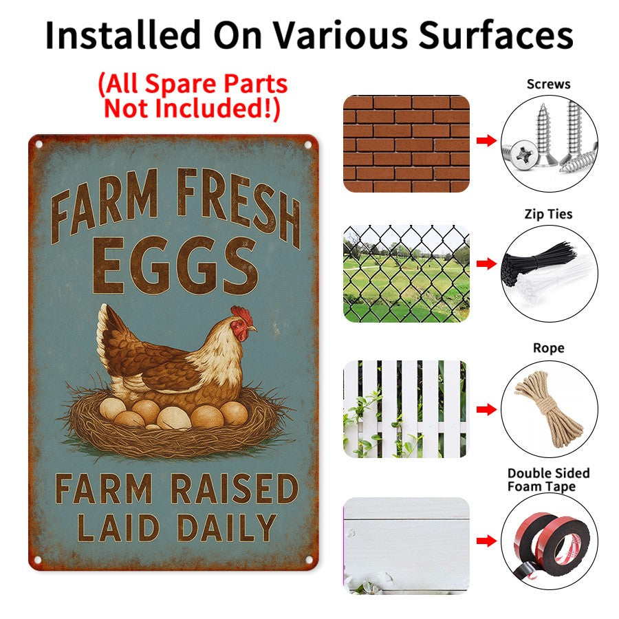 Rustic Farm Fresh Eggs Metal Tin Sign - Retro Chicken Raised Laid Daily Plaque