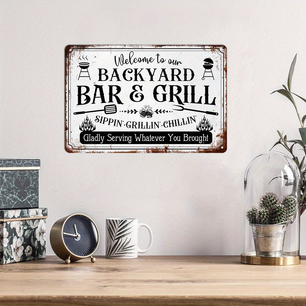 Welcome To Our Backyard Bar And Grill Metal Sign - Funny BBQ Tin Decor