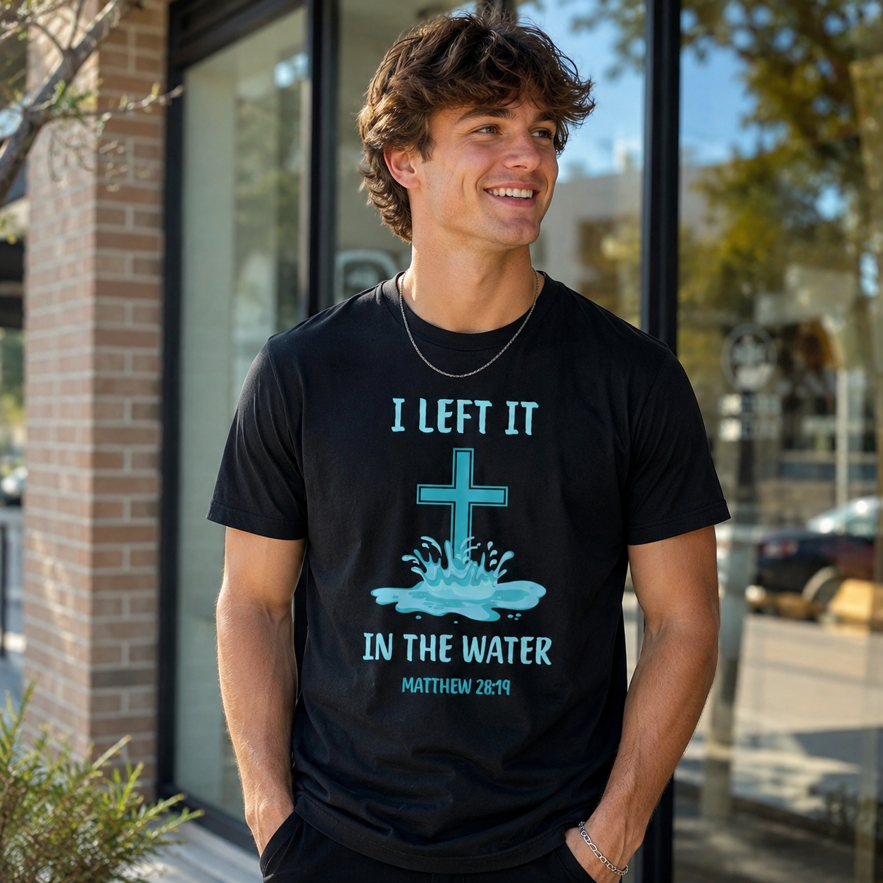 I Left It In The Water Matthew 28:19 Christian Baptism Cross Graphic T-Shirt
