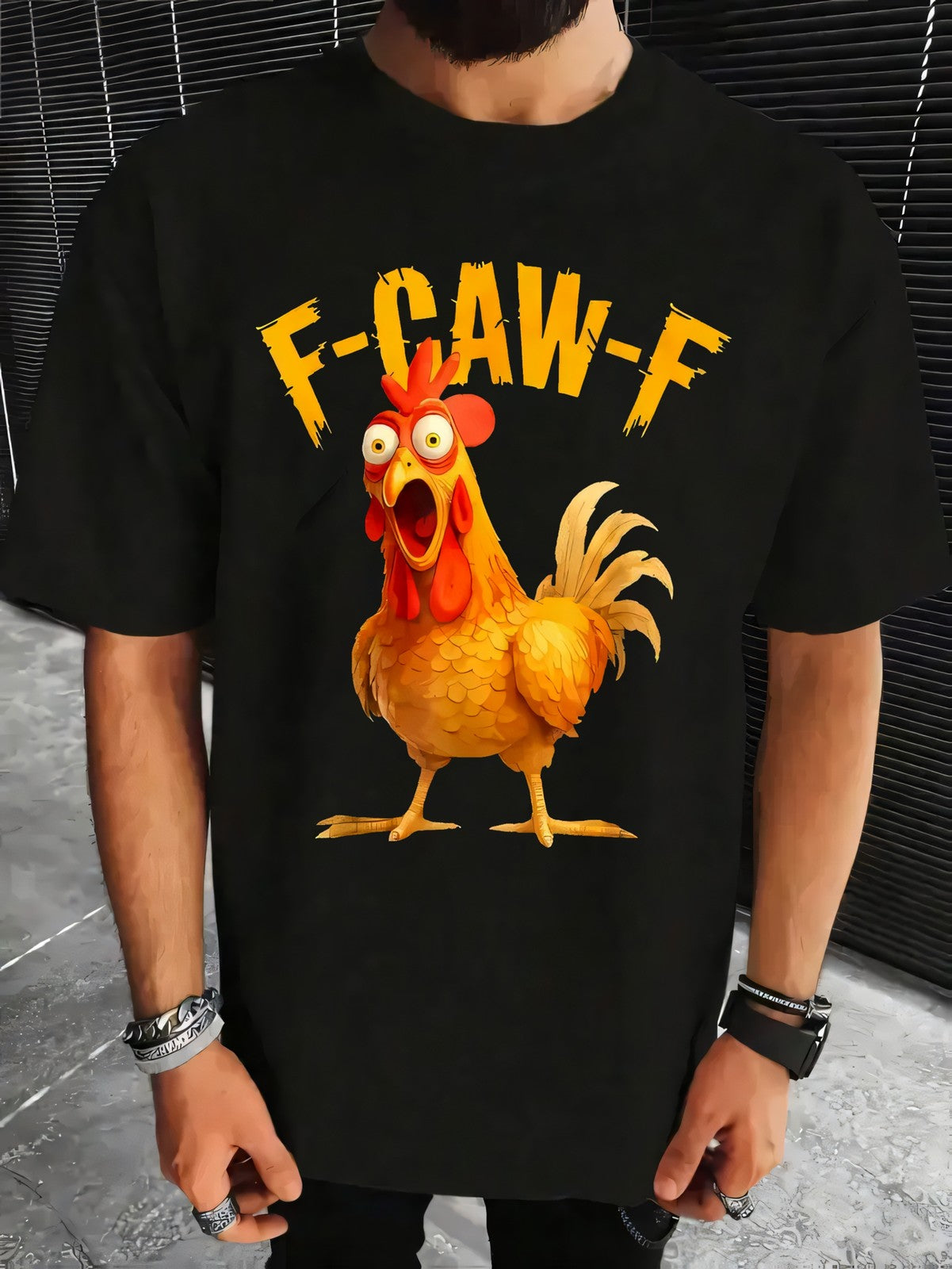 Chicken Pattern with "F-CAW-F" Text Print, Funny And Humorous Design T shirt