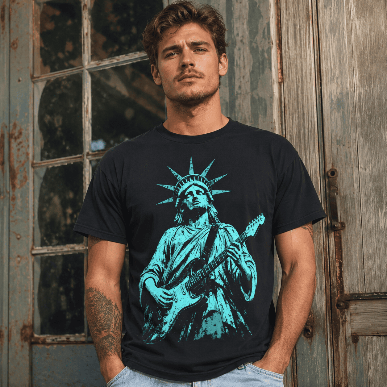 Men's 250 Years of Freedom Statue of Liberty Guitar Graphic Patriotic T-Shirt