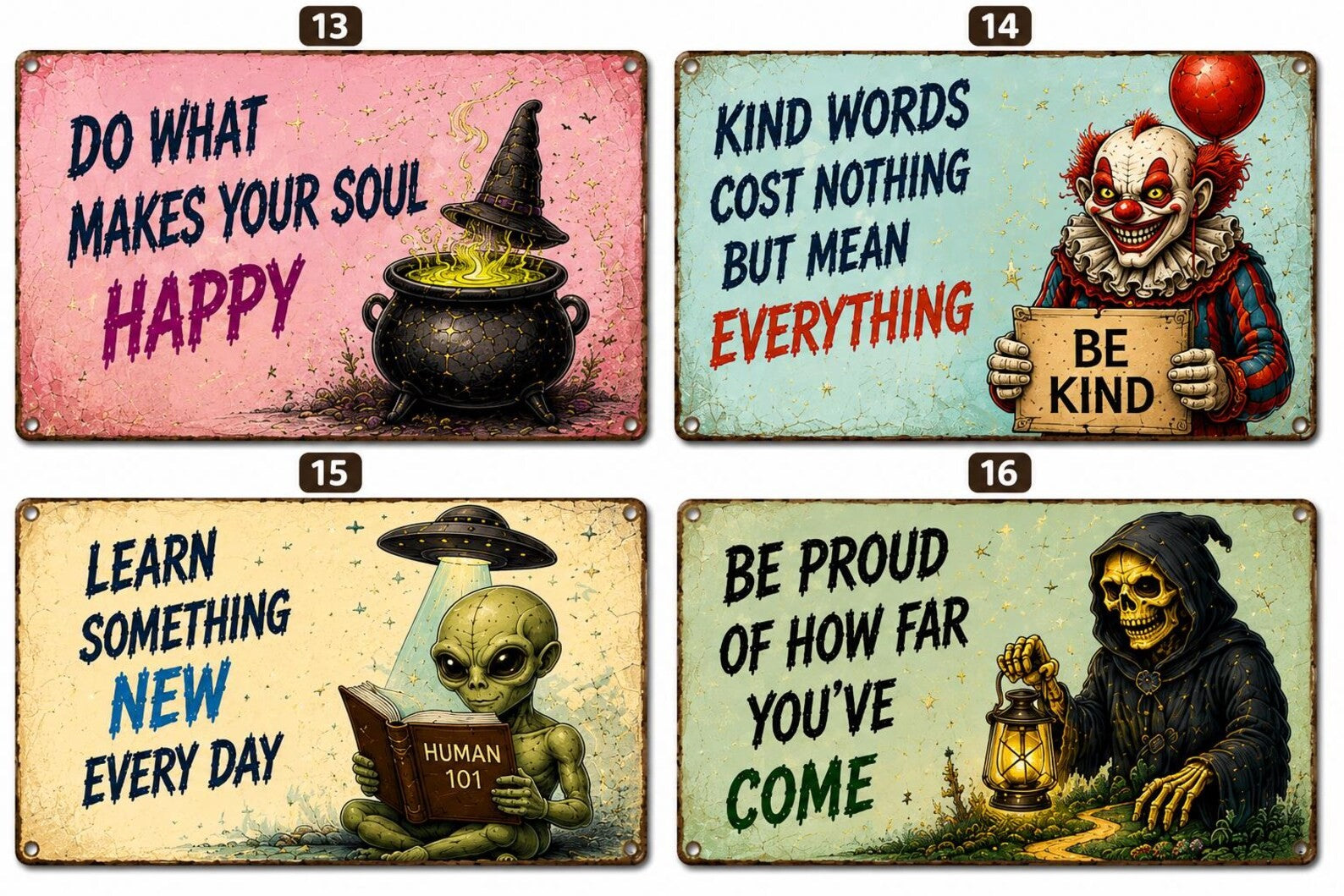 Horror Motivation Metal Sign, Vintage Clown Gothic Decor, Funny Scary Quotes