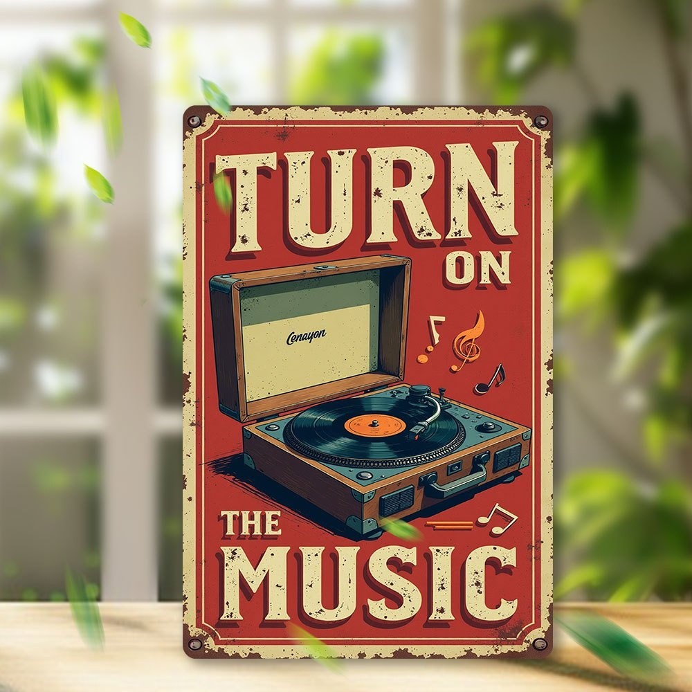 Classic Record Turntable Metal Tin Sign - Retro Audio Music Room Wall Decor