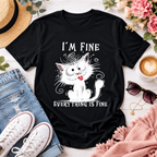 Women Funny Cat I'm Fine Everything Is Fine Graphic Casual Crew Neck Tee Top