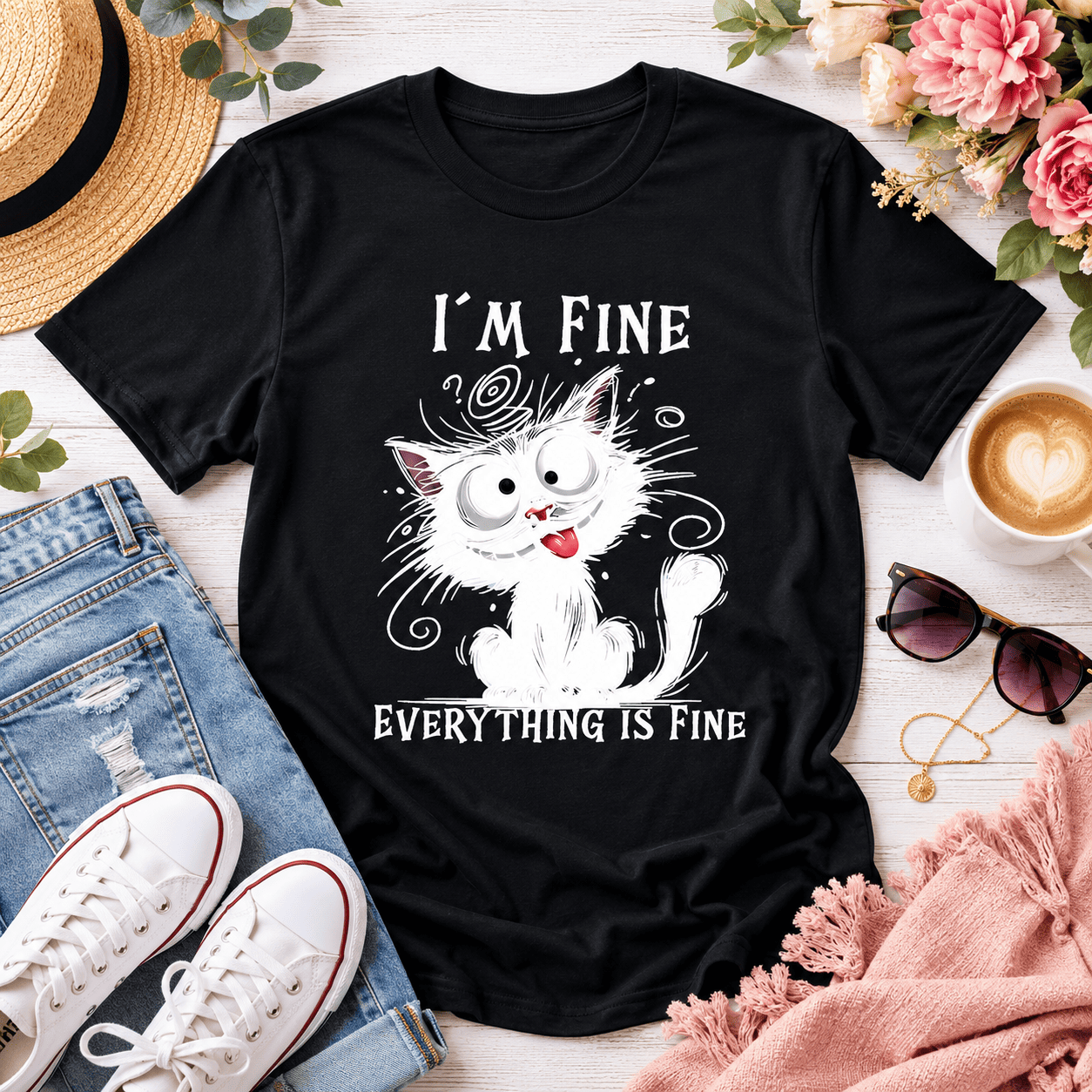 Women Funny Cat I'm Fine Everything Is Fine Graphic Casual Crew Neck Tee Top