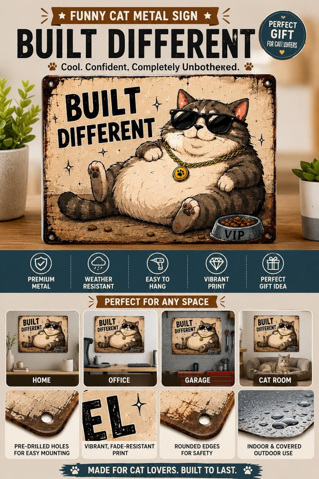 Funny Chubby Cat Metal Sign – Built Different Vintage Wall Decor (Cat Lovers)