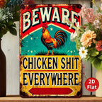 Beware Chicken S*** Everywhere Tin Sign Funny Rooster Metal Farmhouse Wall Decor