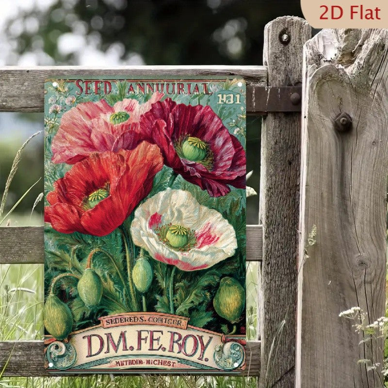 Vintage Poppy Metal Sign - Botanical Seed Packet Tin Wall Art Decor Plaque