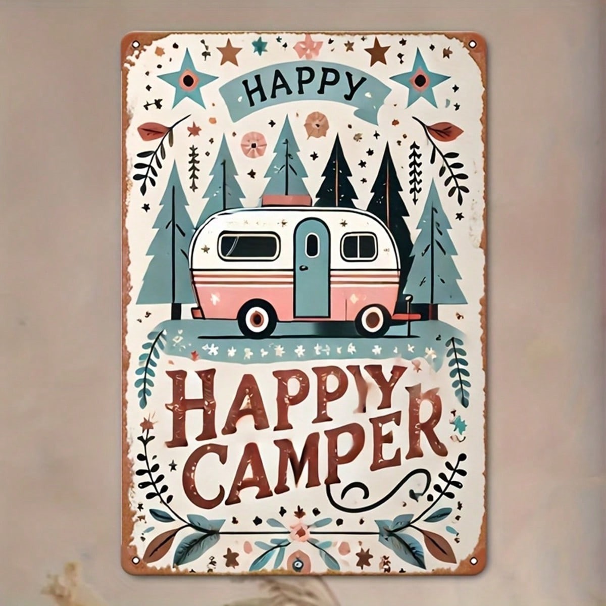 Happy Camper Tin Sign Vintage RV Trailer Metal Sign Retro Camping Wall Decor