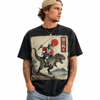 Funny Samurai Cat Riding T-Rex Ukiyo-E Style Graphic T-Shirt Streetwear Tee