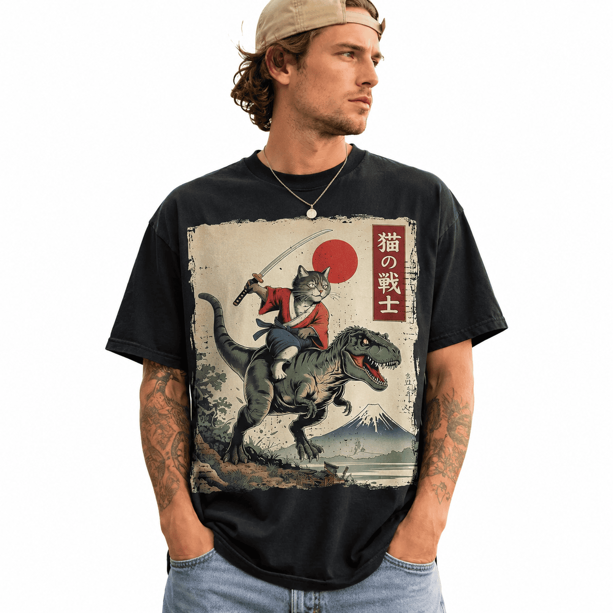 Funny Samurai Cat Riding T-Rex Ukiyo-E Style Graphic T-Shirt Streetwear Tee