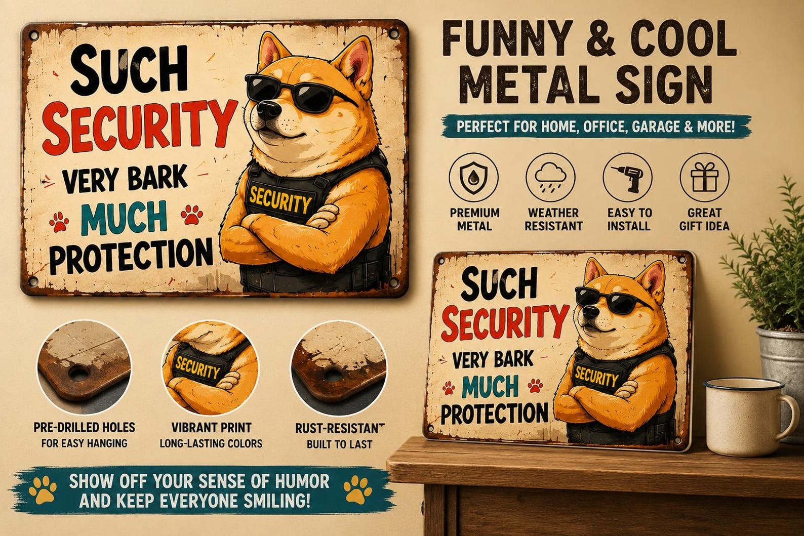 Shiba Inu Security Metal Sign – Funny Dog Meme Wall Art (Vintage Style)