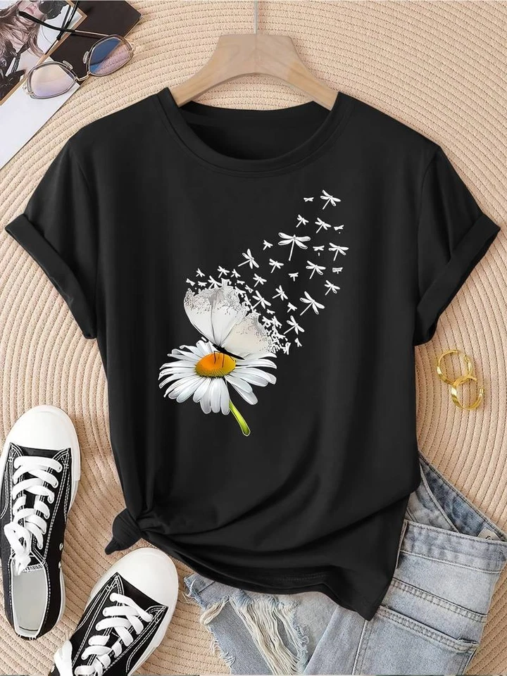 Women Daisy Floral Graphic T-Shirt Summer Flower Casual Crew Neck Tee Top