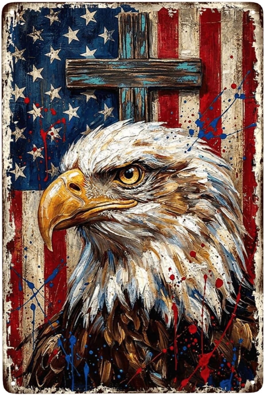 Vintage American Flag Eagle Cross Metal Sign Patriotic USA Wall Decor Art