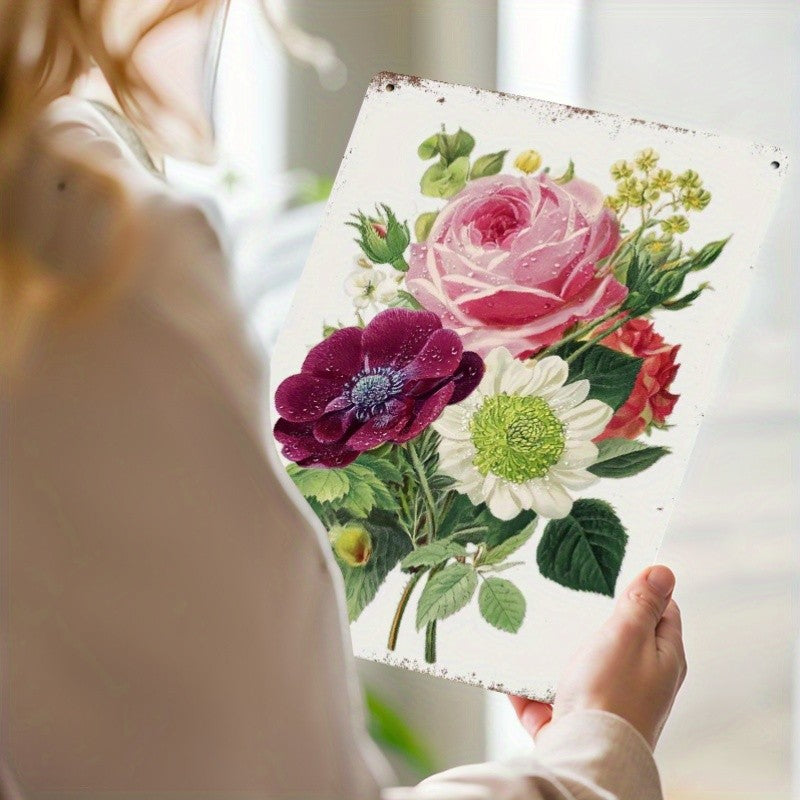 Rustic Botanical Rose Metal Sign - Retro Floral Bouquet Tin Wall Decor