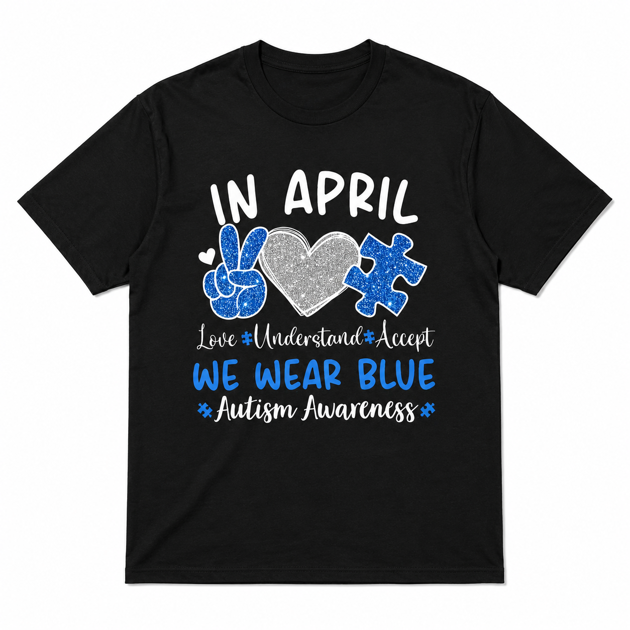 Autism Awareness April T-Shirt Love Understand Accept Blue Puzzle Tee