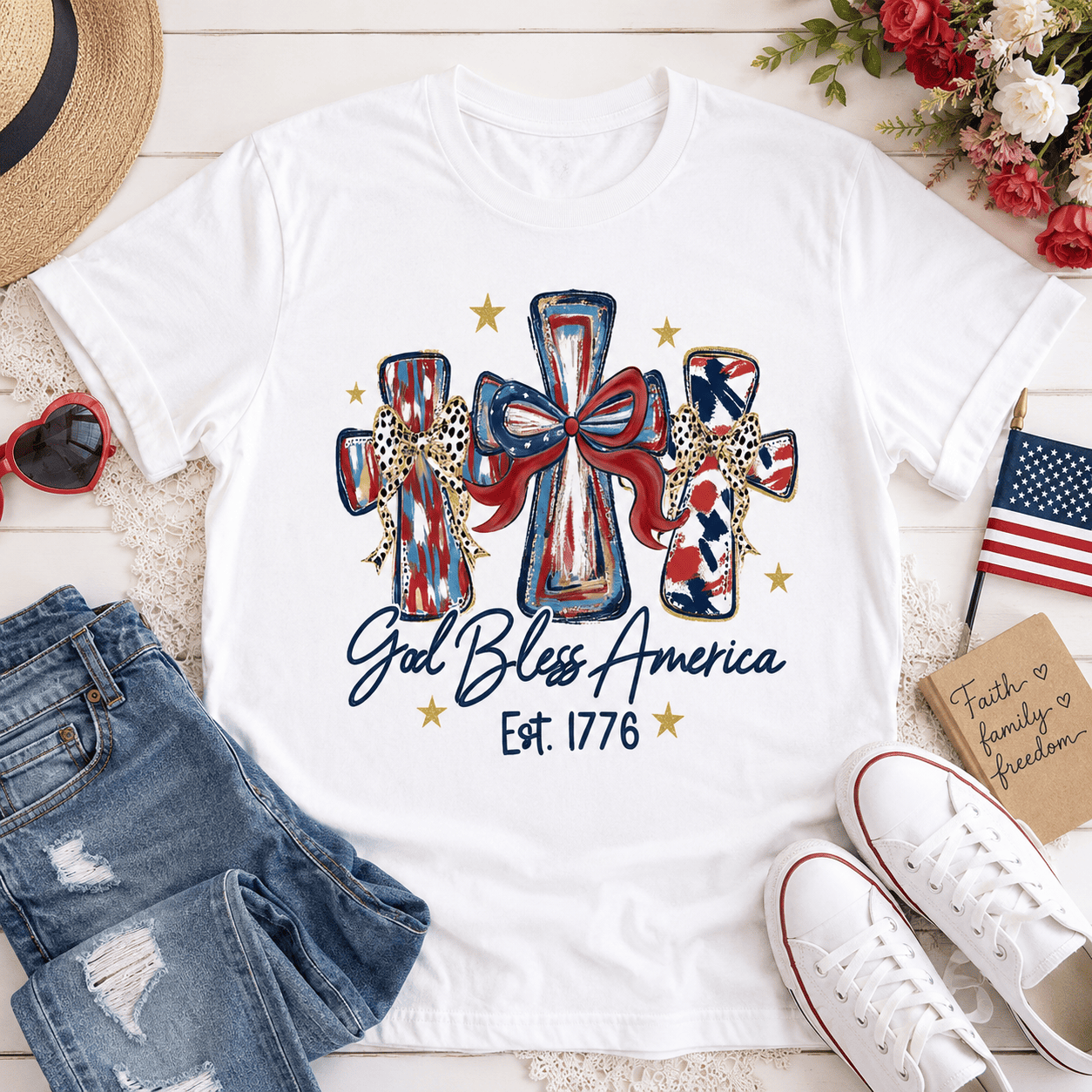 Women's God Bless America 250th Anniversary Patriotic Graphic T-Shirt
