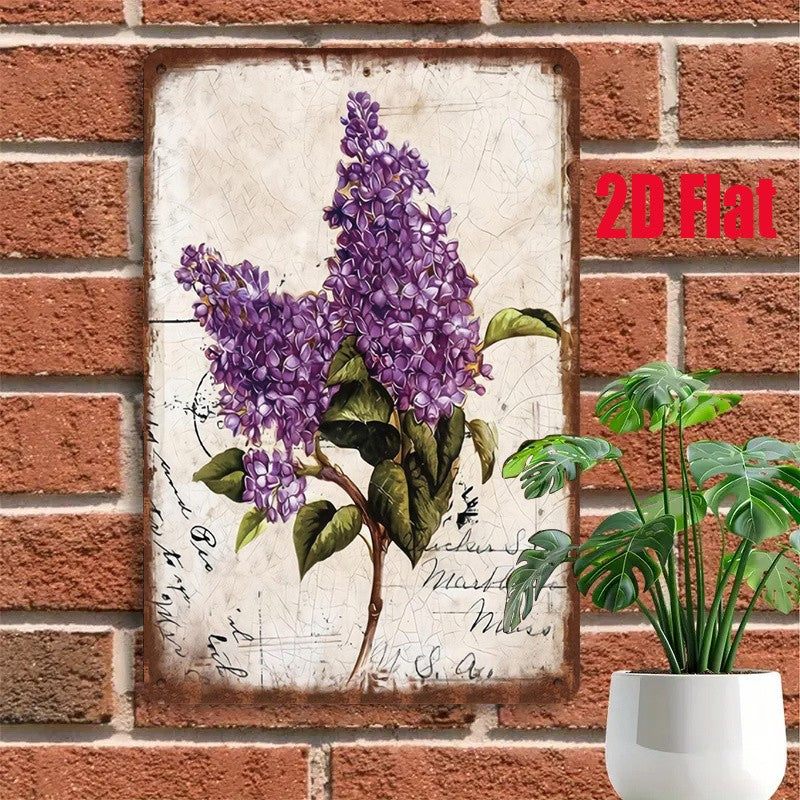 Rustic Floral Tin Sign - Purple Lilac Flower Metal Poster Wall Art Decor