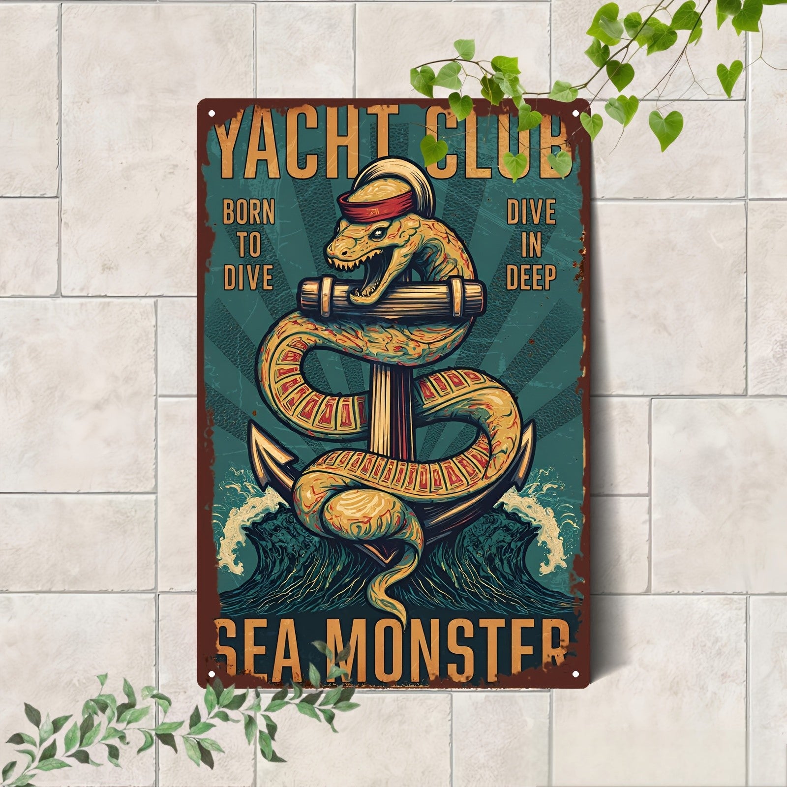 "Yacht Club" Metal Sign - Sea Monster Anchor Tin Wall Art Decor Plaque