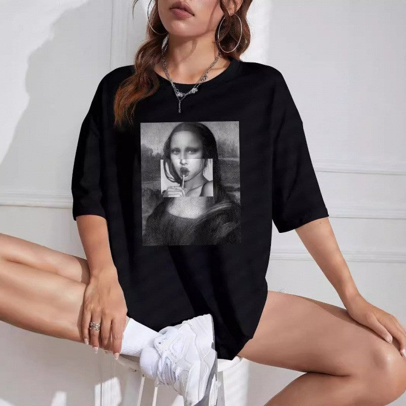 Mona Lisa Bubble Gum Graphic T-Shirt Funny Art Parody Casual Oversized Tee