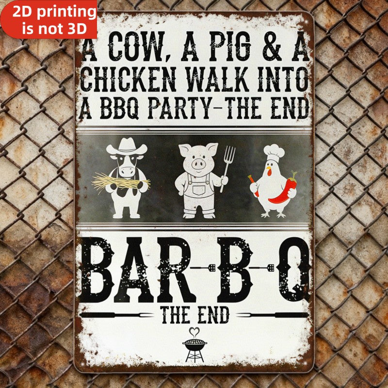 Funny BBQ Metal Sign - Retro "Cow, Pig & Chicken" Humorous Tin Decor