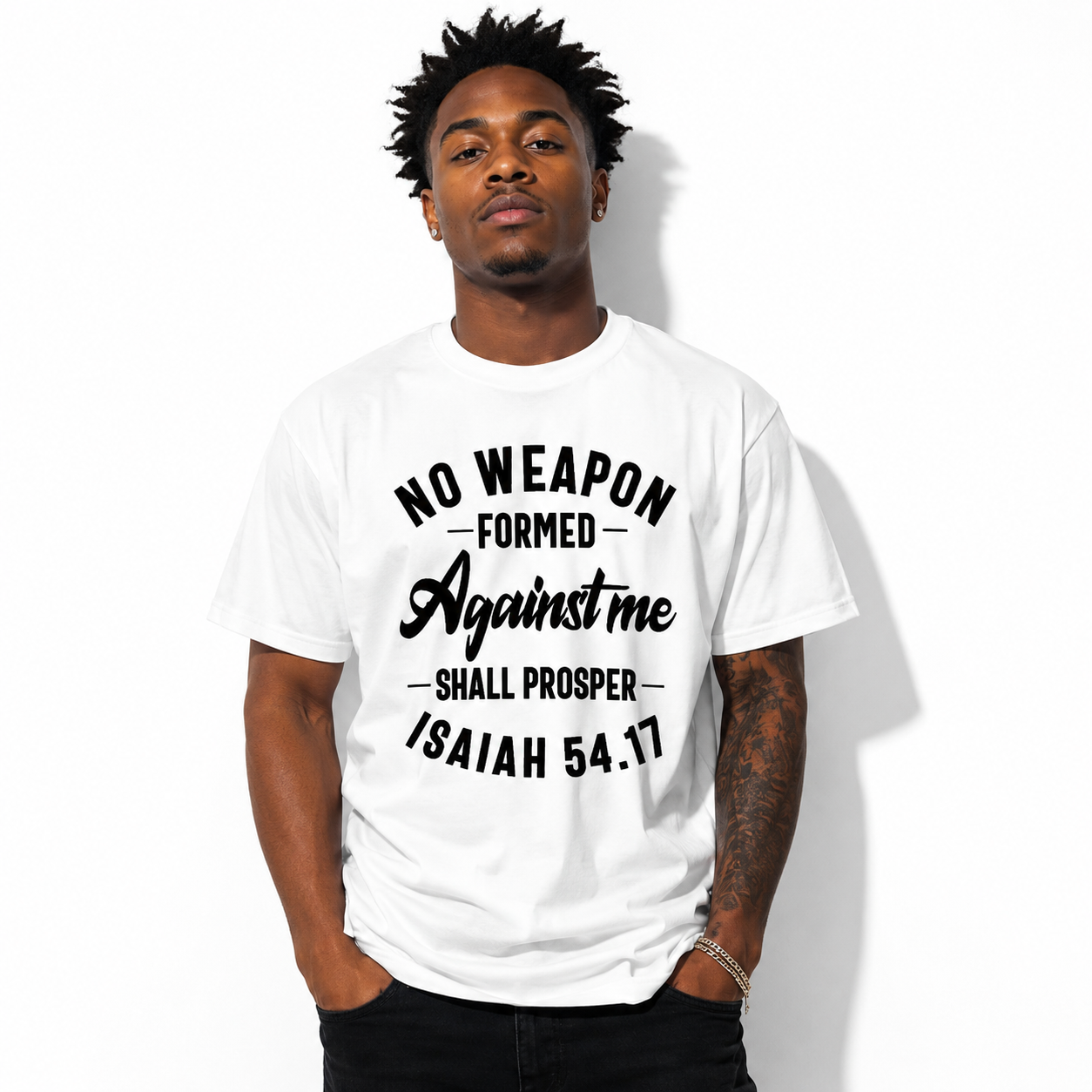 Isaiah 54:17 No Weapon Formed Against Me Tee - Christian Faith Graphic Shirt