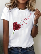 Women's Heart Print Mother's Day Graphic Crew Neck Casual Short Sleeve T-Shirt