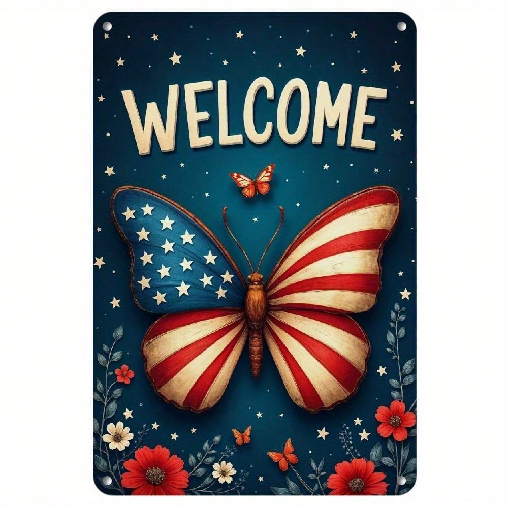 Welcome Patriotic Butterfly Tin Sign - Vintage American Flag Wall Decor