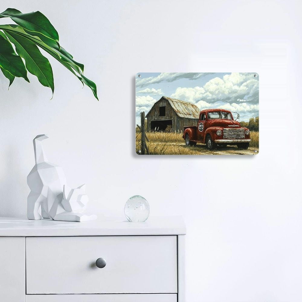 Retro Old Red Truck Metal Tin Sign Vintage Farmhouse Barn Country Roadside Wall