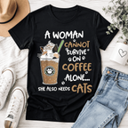 Women Funny Cat Coffee Lover Graphic T-Shirt Cute Kitty Casual Crew Neck Tee