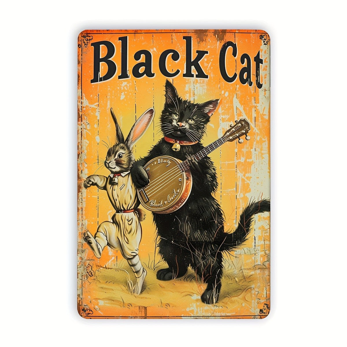 Vintage Animal Tin Sign - Banjo Playing Cat Metal Poster Wall Art Decor