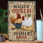 Funny Chicken Metal Sign - "Wicked Chickens" Deviled Eggs Tin Wall Decor