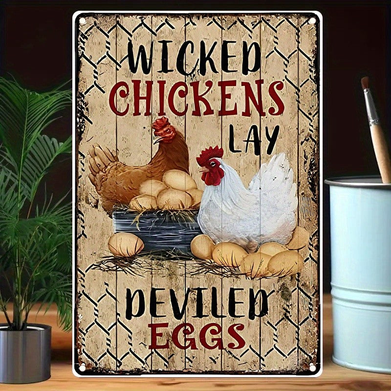 Funny Chicken Metal Sign - "Wicked Chickens" Deviled Eggs Tin Wall Decor