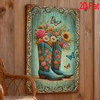 Floral Cowboy Boots Metal Sign - Retro Western Country Tin Wall Decor Plaque