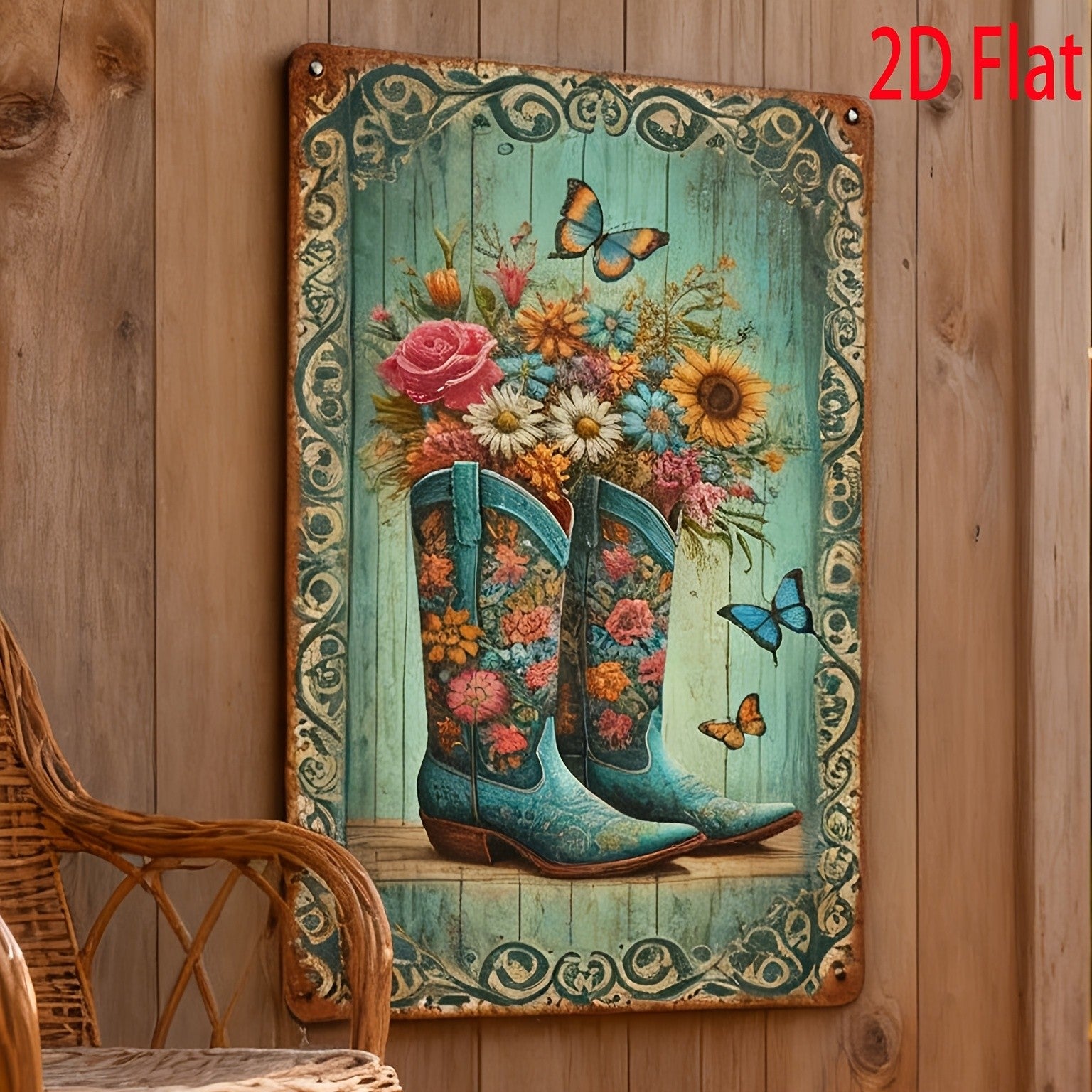 Floral Cowboy Boots Metal Sign - Retro Western Country Tin Wall Decor Plaque
