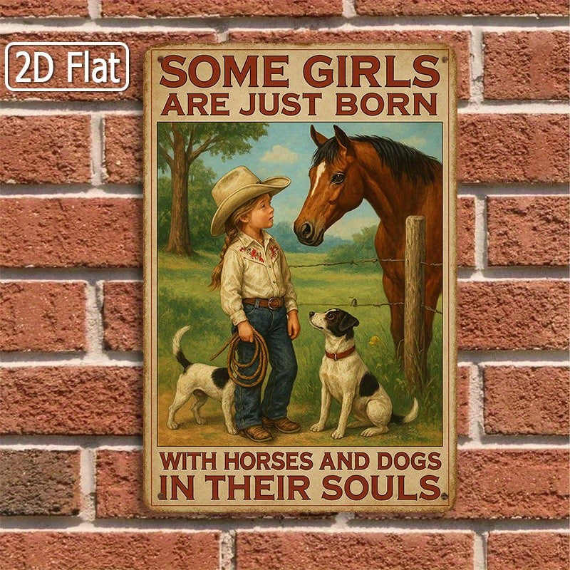 Rustic Horse Girl Tin Sign - Novelty Country Farm Life Terriers Plaque Art