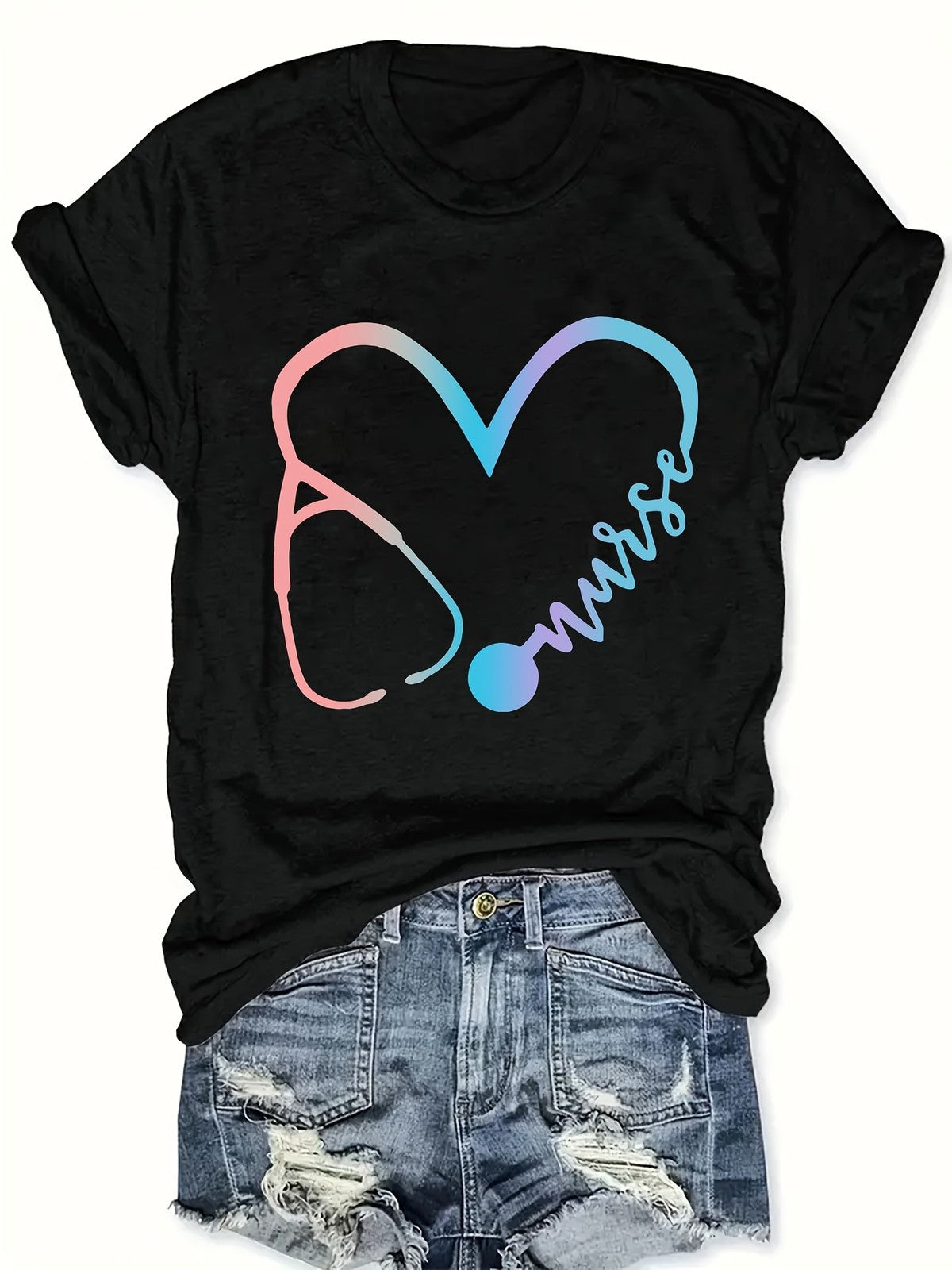 Women Nurse Stethoscope Graphic T-Shirt Casual Short Sleeve Medical Tee Top