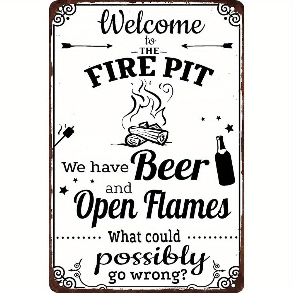 Funny Fire Pit Metal Sign - Retro Humorous "What Could Go Wrong" Tin Decor