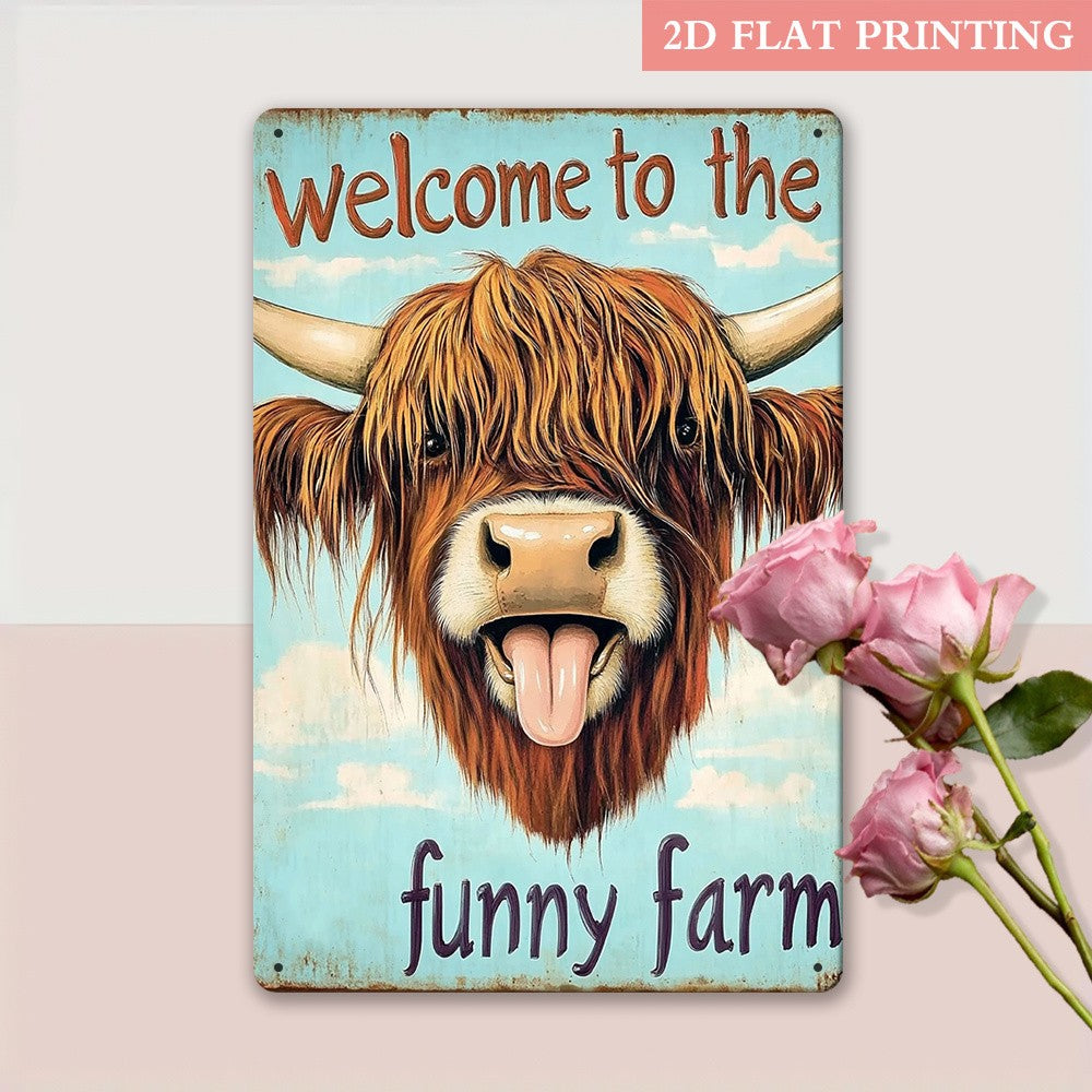 "Welcome to the Funny Farm" Metal Sign - Highland Cow Tin Wall Art Decor