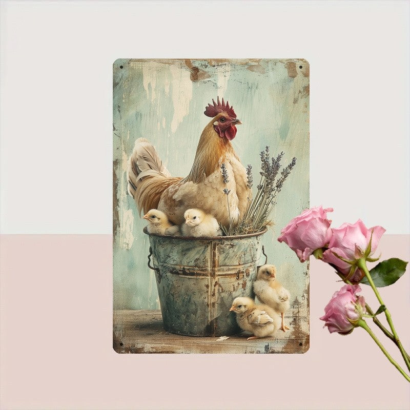 Rustic Hen and Chicks Tin Sign - Cute Country Farmhouse Kitchen Plaque Art