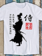 Samurai Silhouette Graphic T-Shirt Japanese Warrior Kanji Red Seal Tee