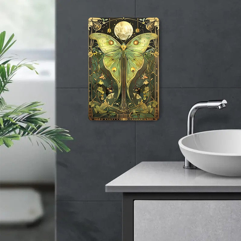 Luna Moth Tin Sign Vintage Nouveau Metal Sign Celestial Moon Witchy Wall Decor