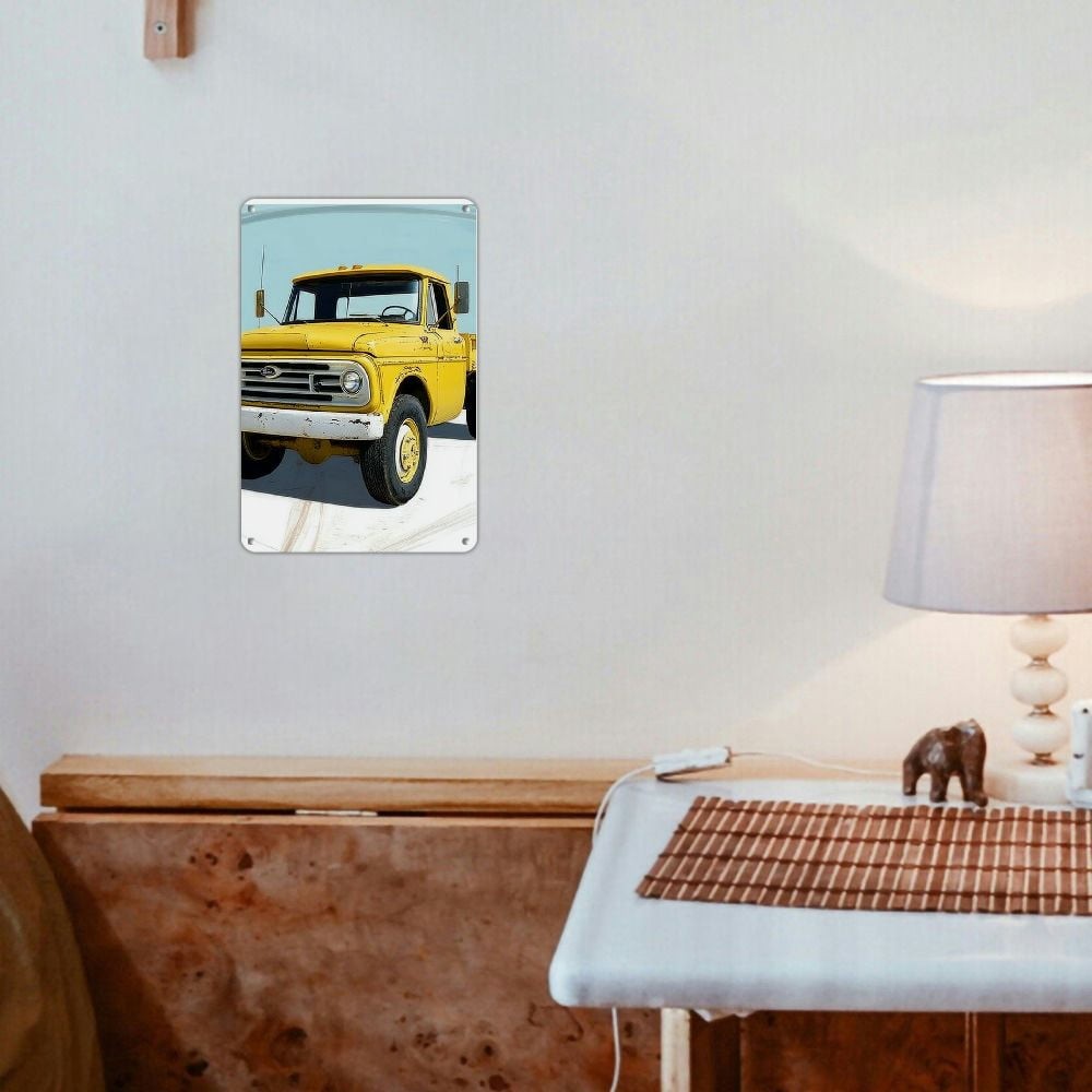Vintage Yellow Pickup Tin Sign Rustic Classic Ford Truck Man Cave Wall Decor