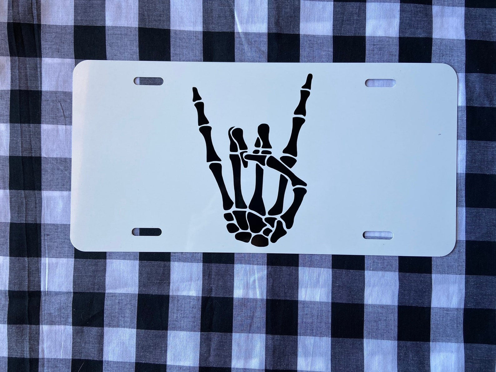 Rock On Skeleton Hand License Plate Gothic Metal Car Tag Punk Decor Gift