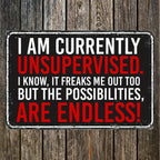 Funny Currently Unsupervised Metal Tin Sign Vintage Red and Black Sarcastic Art