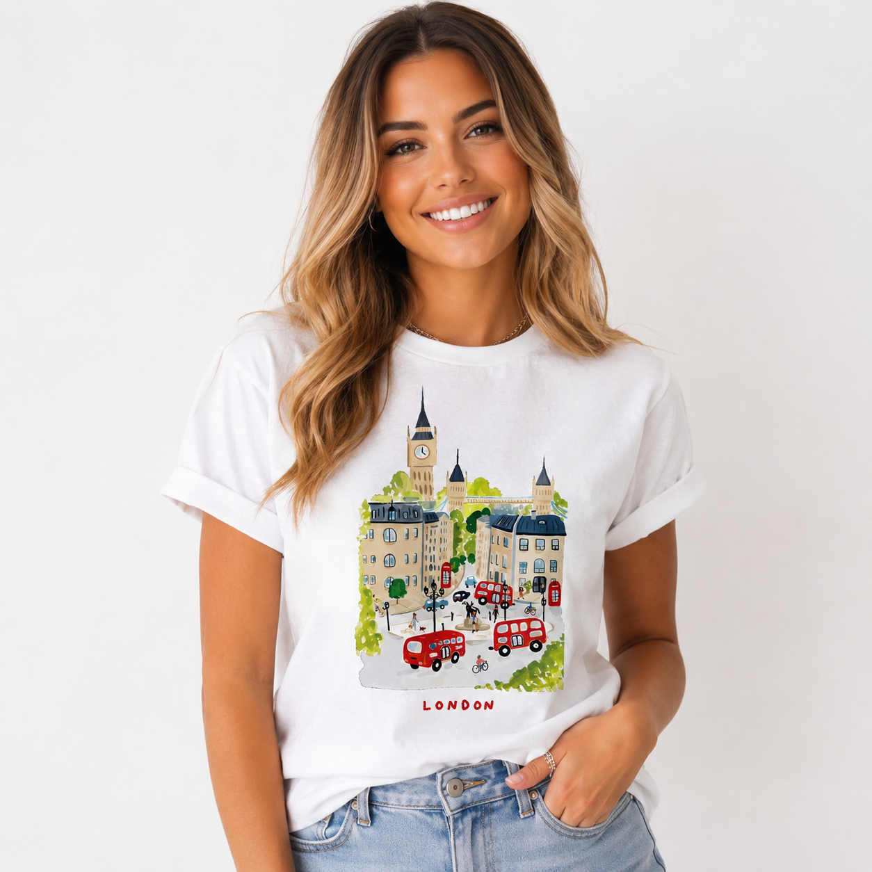 Women London Big Ben Graphic T-Shirt Red Taxi UK Travel Casual Crew Neck Tee
